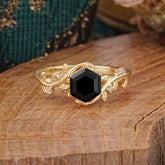 Luxury Nature-Inspired 6 Prong Hexagonal Black Onyx Engagement Ring